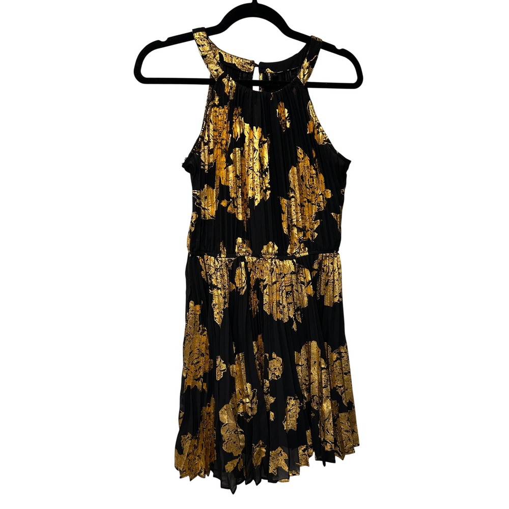 Womens Black Gold Floral Foil Halter Mini Dress Party Glam Romantic Medium